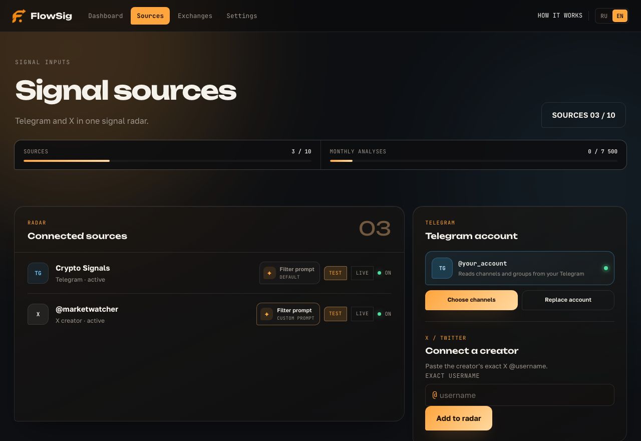 Connect a source: Telegram or X
